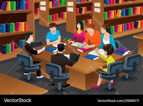 College Students Studying In The Library Vector Image