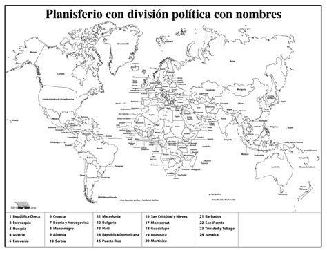 Mapamundi con división política con nombres para imprimir en PDF