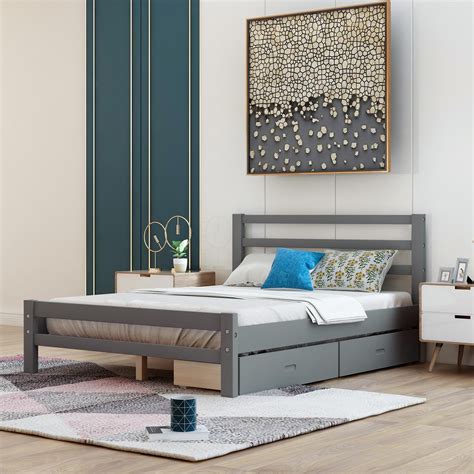 Full Size Platform Bed With 2 Storage Drawers Solid Wood Bed Frame