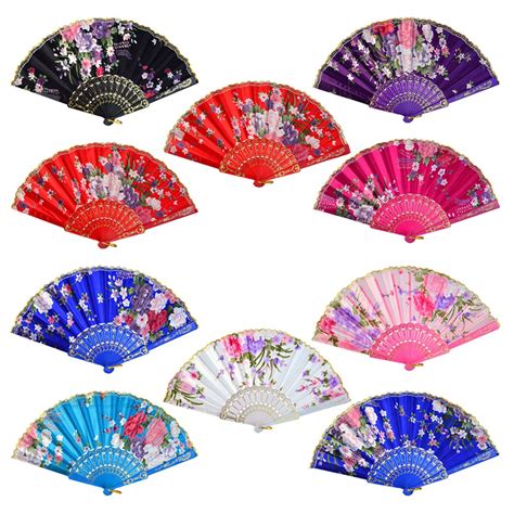 Buy 10pcs Floral Folding Hand Fan Flower Pattern Gold Side Lace