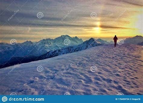 Winter Panorama Of Snow Capped Mountains At Sunset Stock Photo Image