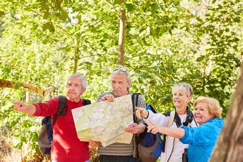 Senior Hiking Group With Map In Nature Stock Photo Image Of Nature