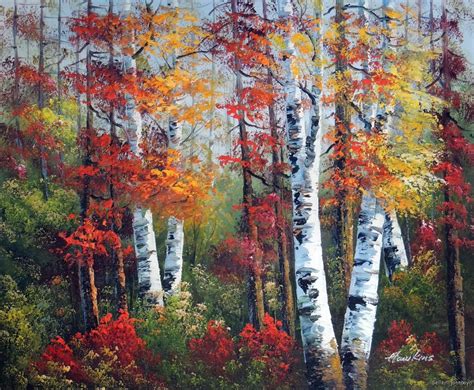 Aspen Tree Forest Autumn Colors Red Yellow Leaves 20x24 Stretched Oil