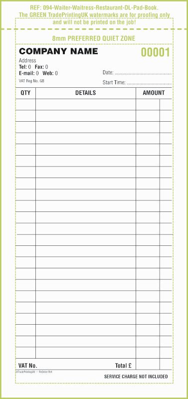 hotel  restaurant waitress order forms ncr pads template