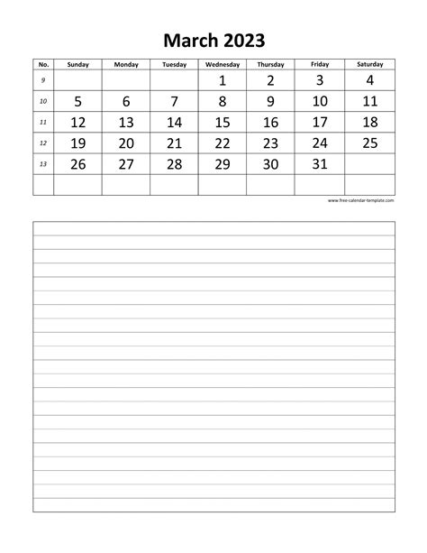 Printable 2023 March Calendar Grid Lines For Daily Notes Vertical