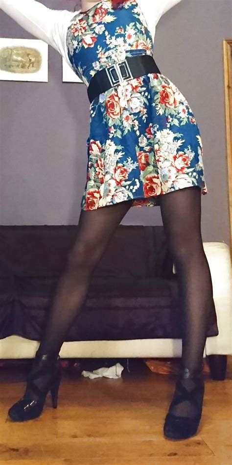 Marie Crossdresser In Opaque Pantyhose And Floral Dress 13 Pics