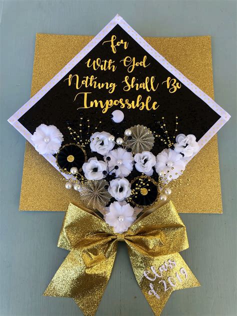 Senior Graduation Cap Black And Gold And White Bow And Glitter Class