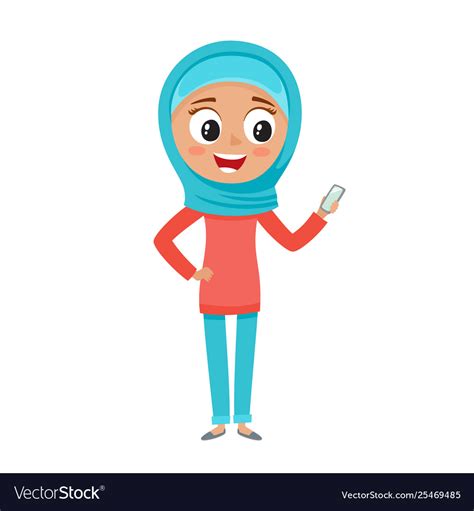 Muslim Teenager In Blue Hijab In Cartoon Style Vector Image