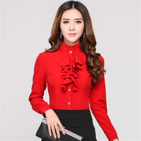 new 2015 spring autumn formal red blouses women long sleeve ladies office uniform blouses xxxl