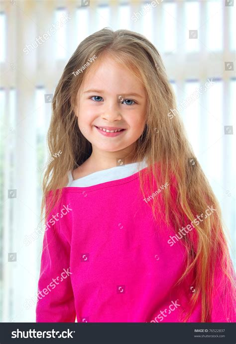 Cute Little Girl With Long Blond Hair Stock Photo 76522837