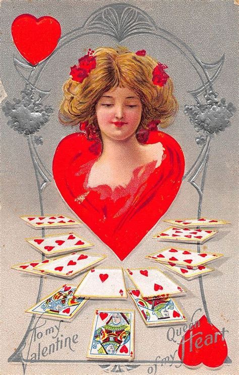 an old valentine s day card with a woman holding playing cards and hearts on it