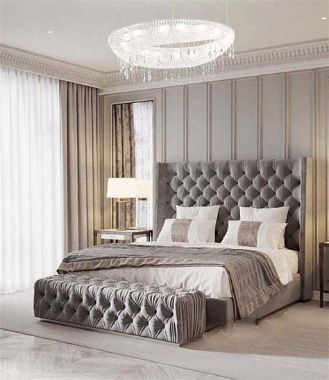 Luxury Taupe Grey Glam Bedroom Decor With Taupe Velvet Tufted Bed And