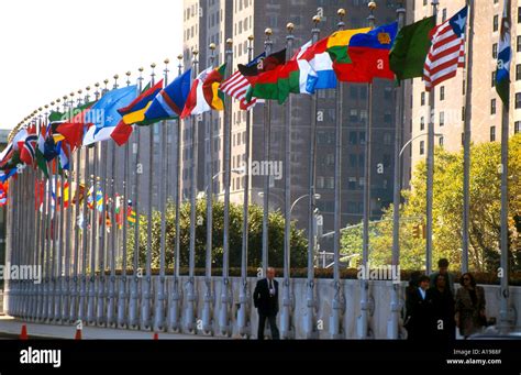 Line Of Flags Outside The United Nations Building Manhattan New York