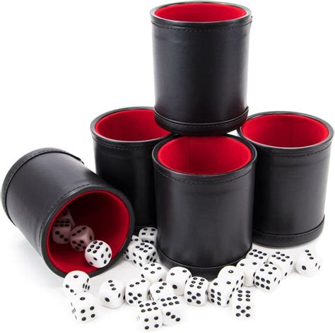 Bundle Of 5 Professional Dice Cups Red Felt Lined Quality Bicast Leather Includes 25 White