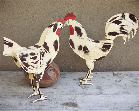 Metal Folk Art Rooter And Hen Statues Chicken Decor Rooster Metal Art