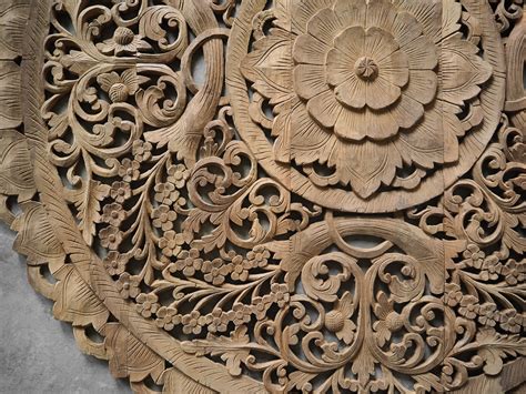Circle Carved Wooden Wall Art Buddhist Flower Panel