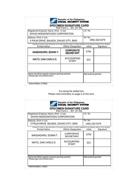 Sssform Specimen Signature Card Pdf