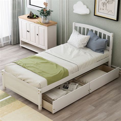 Kepooman Twin Size Solid Wood Storage Platform Bed Frame With 2 Drawers