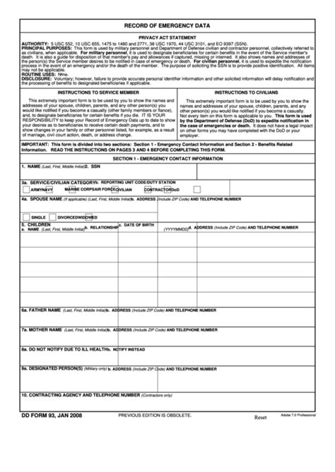 Fillable Dd Form 93 Record Of Emergency Data Printable Pdf Download