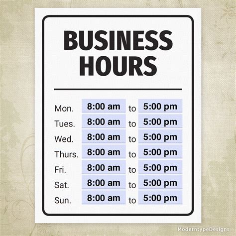 Business Hours Printable Sign Editable