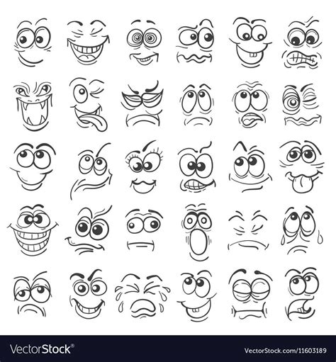 Cartoon Face Emotion Set Various Facial Expressions In Doodle Style