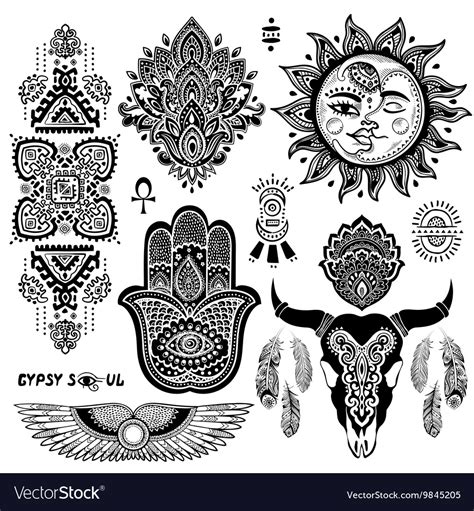 Bohemian Style Flash Tattoo Symbols Royalty Free Vector