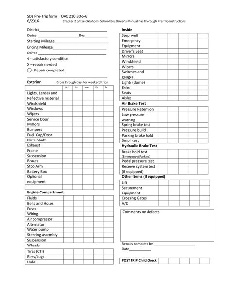 En Printable Pre Trip Inspection Checklist Sheet