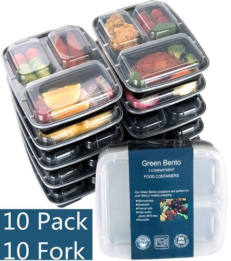 10 Pack 3 Compartment Food Container With Lids For Portion Control