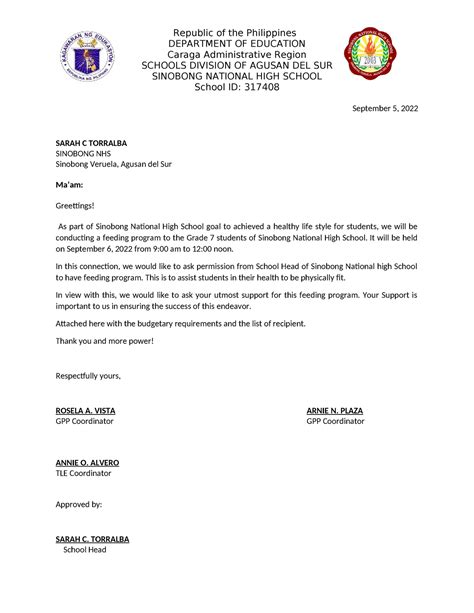 Feeding Program Letter Republic Of The Philippines Department Of Education Caraga