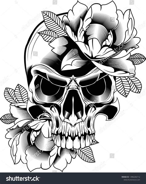 Flower Skull Vector Illustration Black White Stock Vector Royalty Free