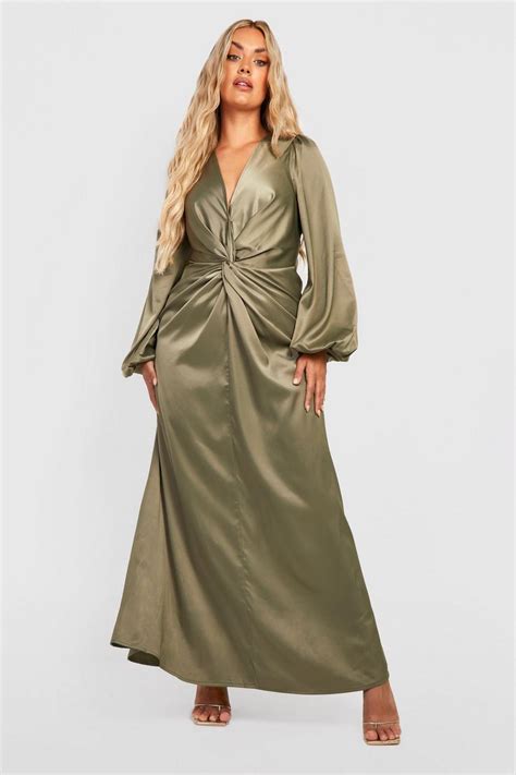 Womens Plus Satin Twist Front Blouson Sleeve Maxi Dress Boohoo Uk