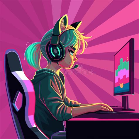 Girl Gamer Or Streamer With Cat Ears Headset Sits At A Computer Stock