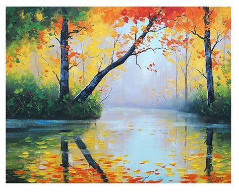Original Oil Painting River Impressionist Tree Vibrant Fall Landscape