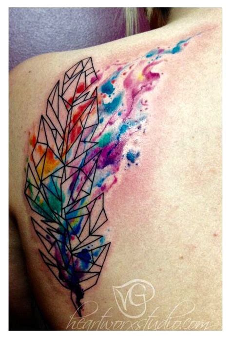 My Geometric Feather With Watercolor Tattoo Pretty Tattoos Tattoos
