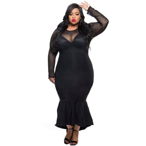 Cfanny 2016 Autumn Dress Plus Size Women Black Sheer Mesh Lace Mermaid