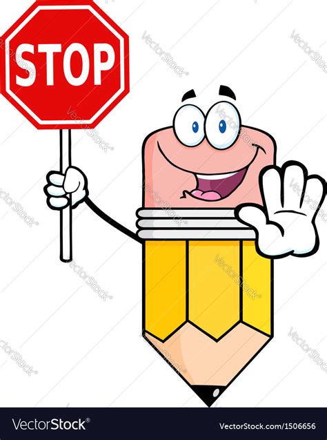 Pencil Cartoon Character Holding A Stop Sign Vector Image