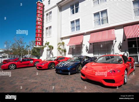 Ferari Classic Cars Parked At The Bohemian Hotel In Downtown
