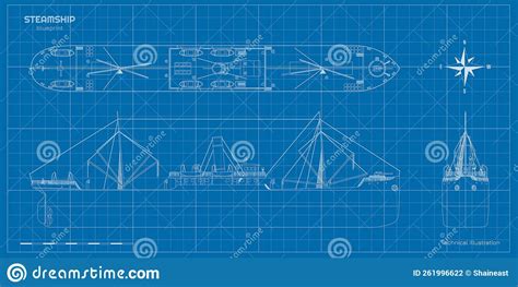 Steamer Drawing D Steamship Industrial Blueprint Ship View Top Side