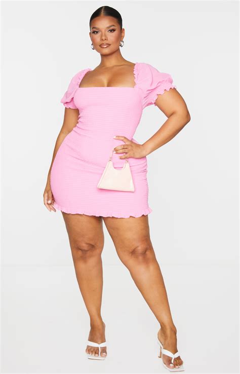 Plus Pink Puff Sleeve Shirred Bodycon Dress Prettylittlething Aus