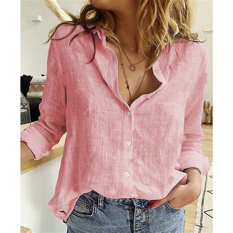Womens Button V Neck Cardigan Top Loose Long Sleeve Cotton Linen Shirt