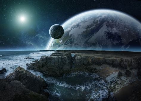 Premium Photo View Of Distant Planet System From Cliffs 3d Rendering