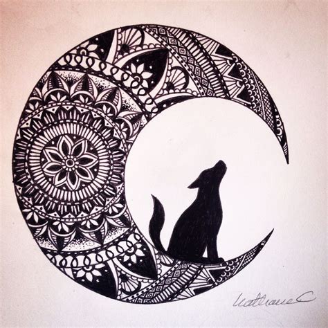 Wolf In The Moon Black Ink Mandala Drawing Brusho Mandala Drawing