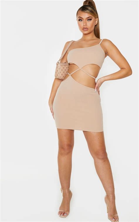 taupe strappy bodycon dress prettylittlething usa