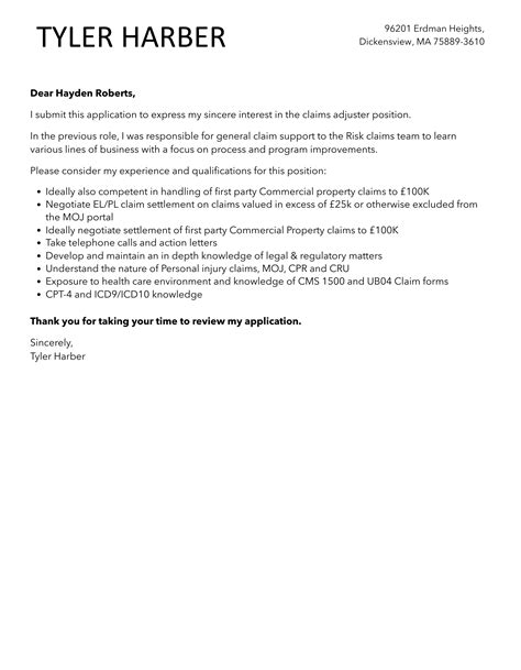 Claims Adjuster Cover Letter | Velvet Jobs