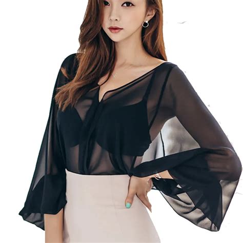 Large Size Hollow Out Sheer Black Chiffon Shirt Women Blouse Sexy Batwing Sleeve Transparent