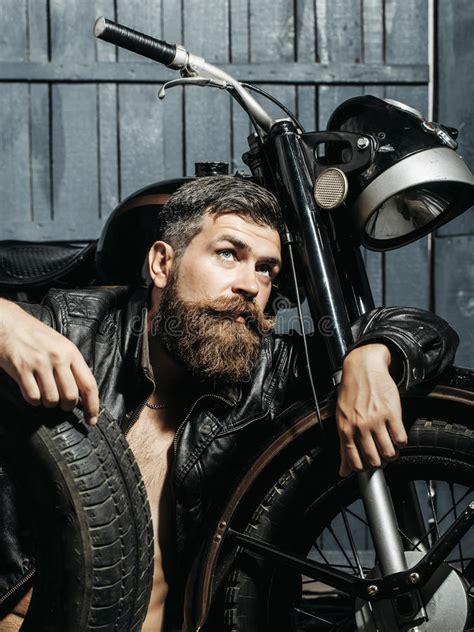 Bearded Man Hipster Biker Stock Image Image Of Background 82286665