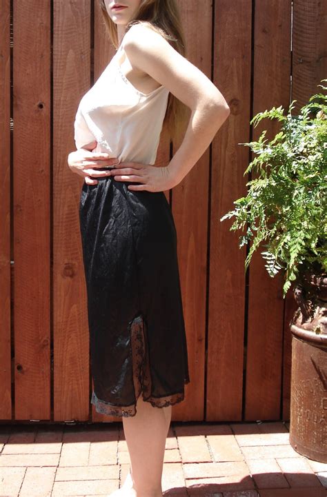 Vintage Black Satin Half Slip Skirt W LACE Hemline Slit Etsy