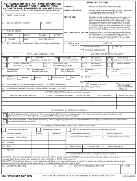 Da Form 5960 Download Fillable Pdf Authorization To Start