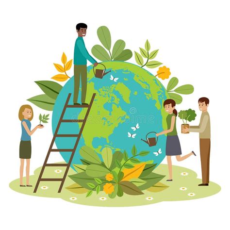 Ecology Concept People Take Care About Planet Protect Nature Earth Day Stock Vector