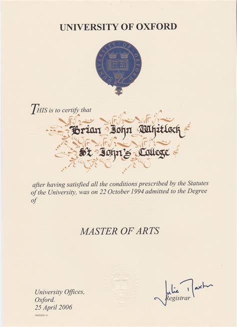 Oxford Masters Degree Certificate